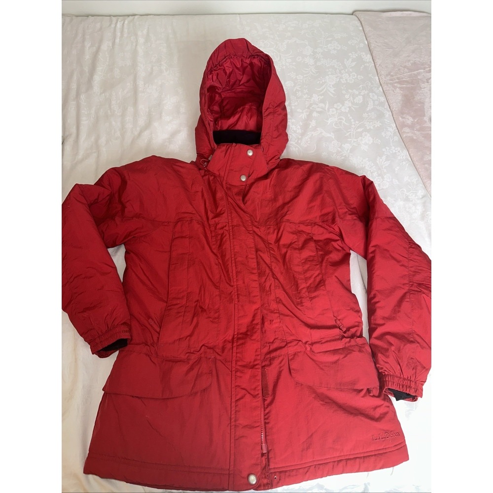 LL Bean Vintage Womens S Warm Jacket Winter Coat Large Red Nylon Hooded Outdoor